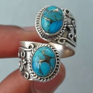 Vintage Turquoise Stone Silver Boho Style Ring